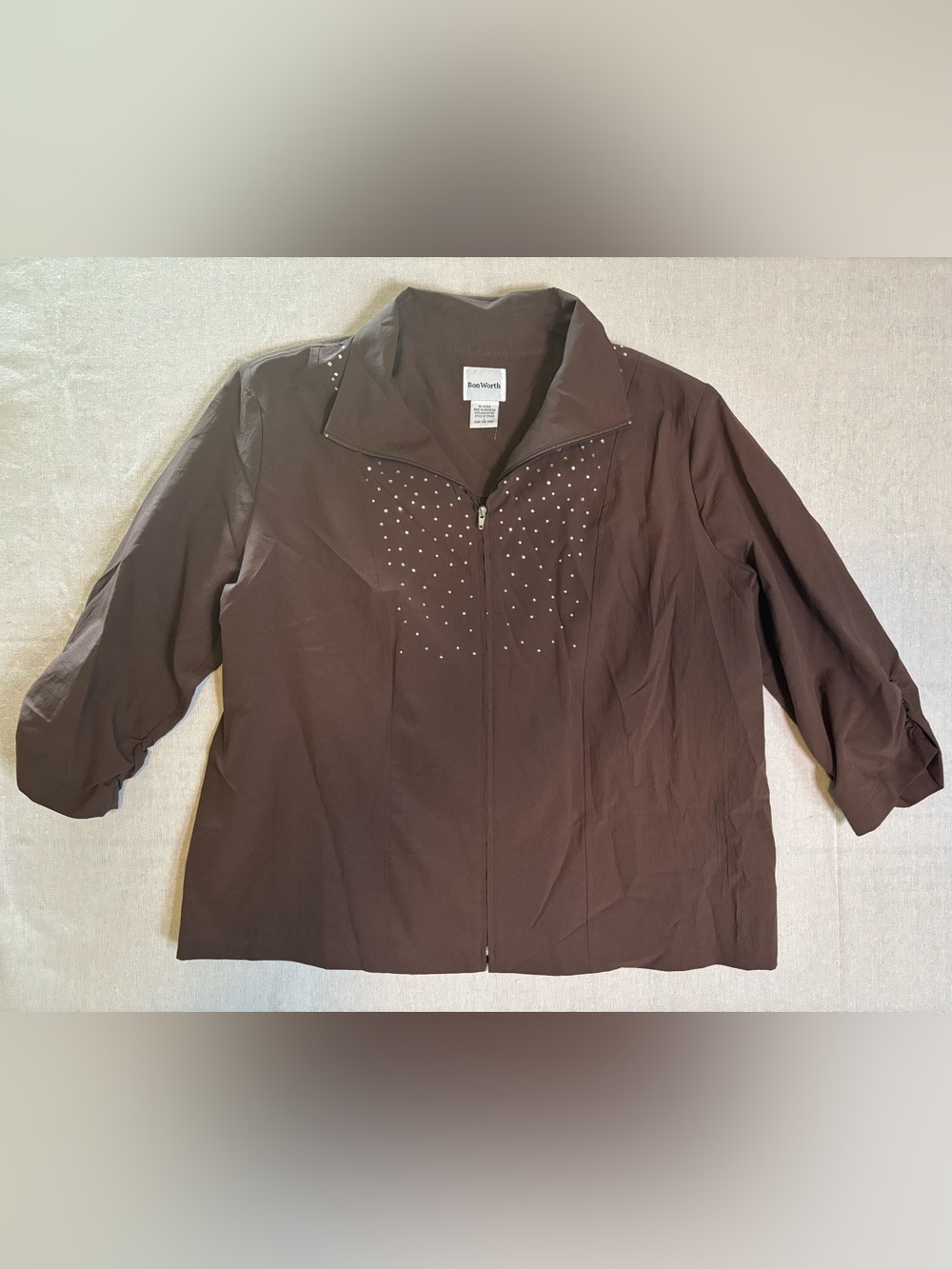 Bon Worth Women’s L Brown Stretch Zip-Front Jacket with Rhinestone Stud Detail